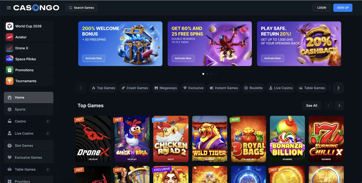 Casongo /en-GH lobby with category chips visible (Top Games, Crash Games, Megaways, Exclusive, Instant Games, Roulette, Live Casino, Table Games) and the Top Games shelf below