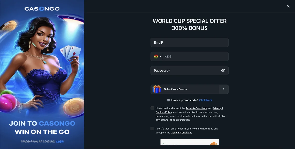 Casongo registration panel — email, +233 mobile + password fields, the World Cup Special Offer 300% Bonus heading, the Select Your Bonus dropdown, and the 18+ T&Cs checkbox