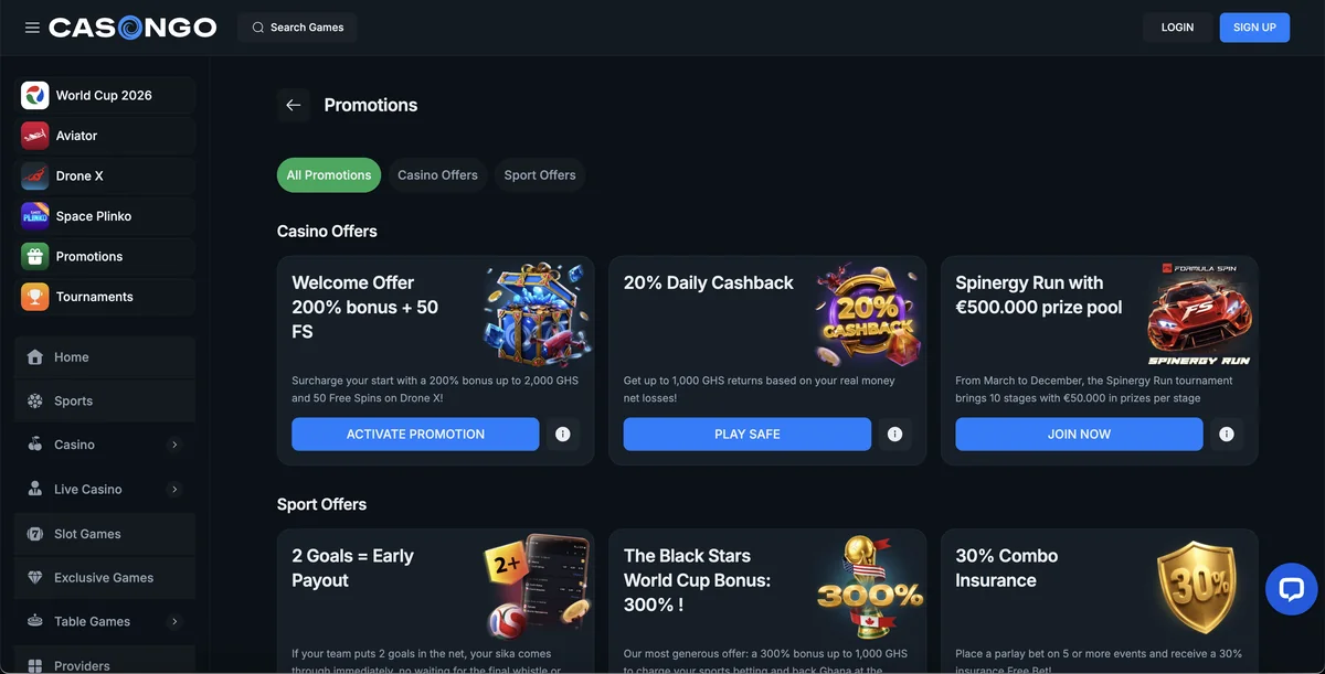 Casongo /en-GH promotions page showing the Welcome Offer 200% bonus + 50 FS on Drone X up to 2,000 GHS, the 20% Daily Cashback card and the Spinergy Run €500,000 tournament card